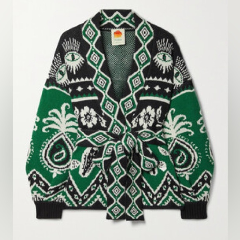 FARM RIO Mystic Scarves Jaquard Cardigan M 💚🖤